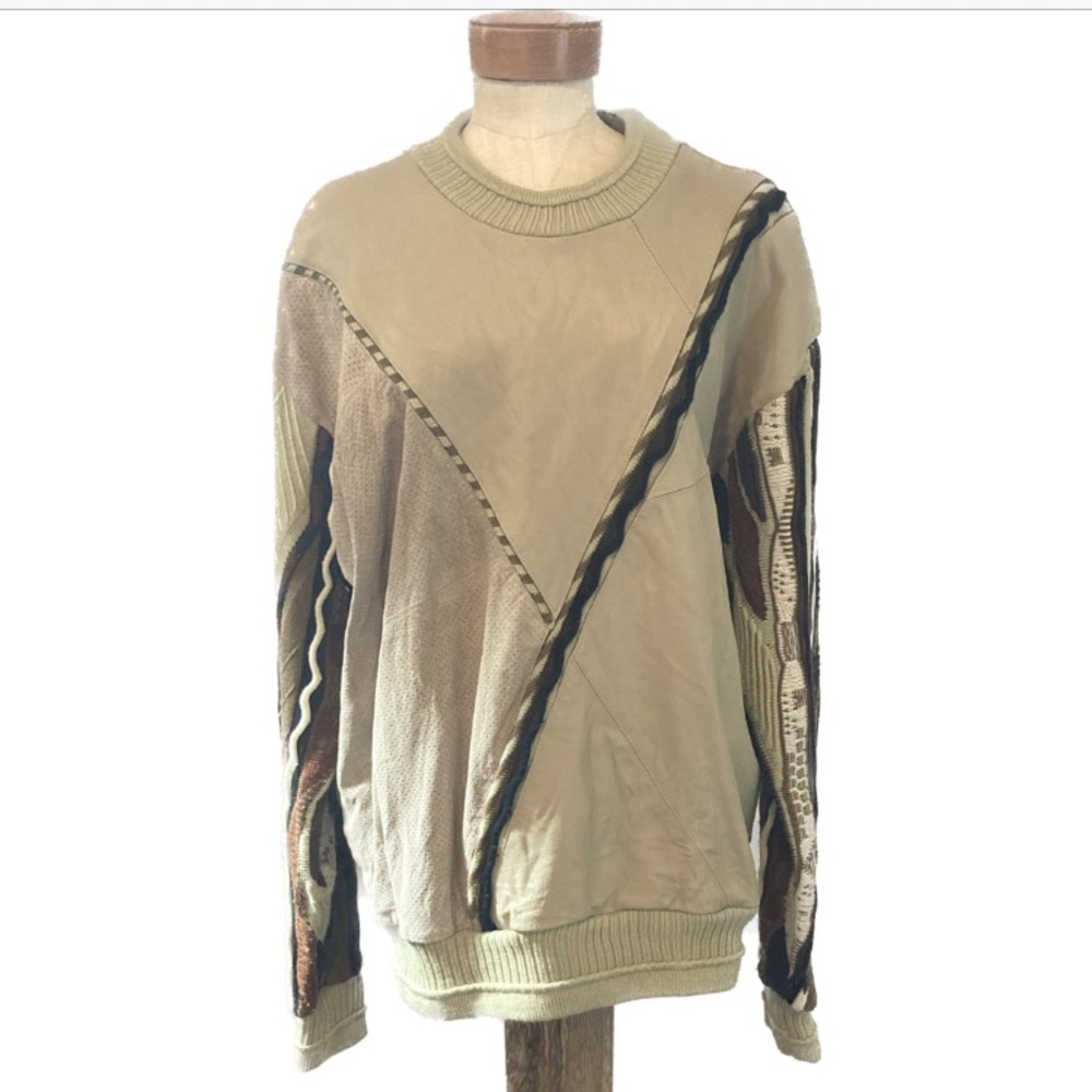 Vintage Mixed Media Suede and Leather Knit Sweater in Neutrals